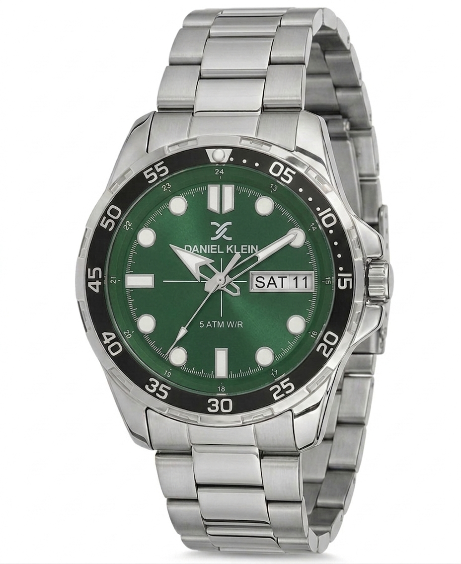 Daniel Klein Premium watch with green dial, day-date window, silver stainless steel case and bracelet