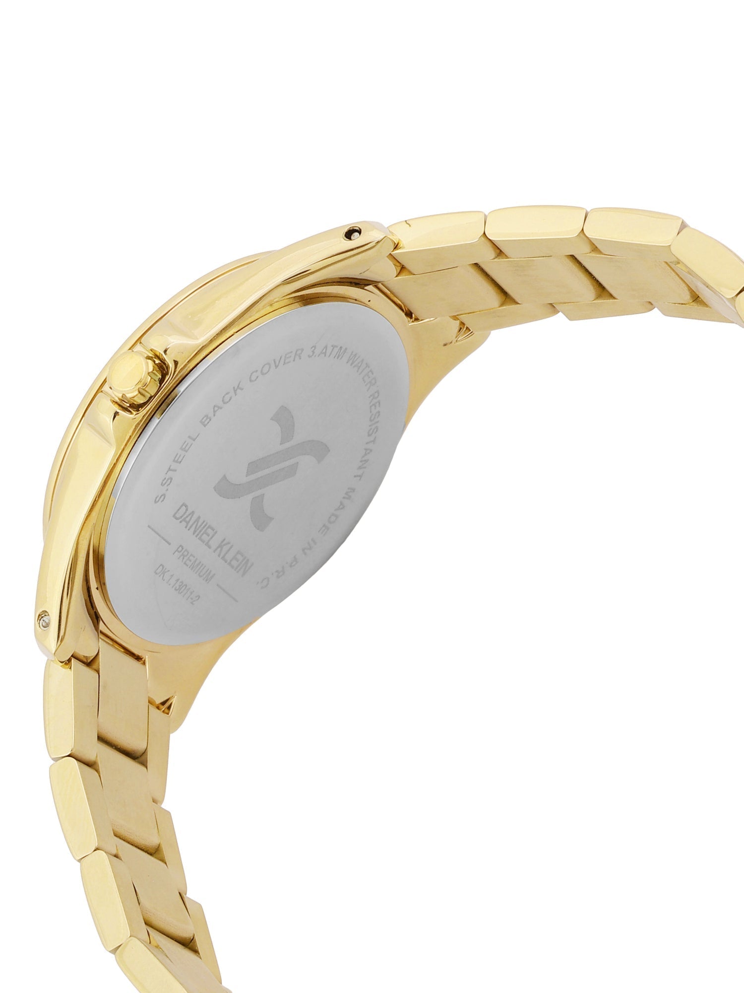 Daniel Klein Elite gold watch shown from side angle with visible strap and caseback