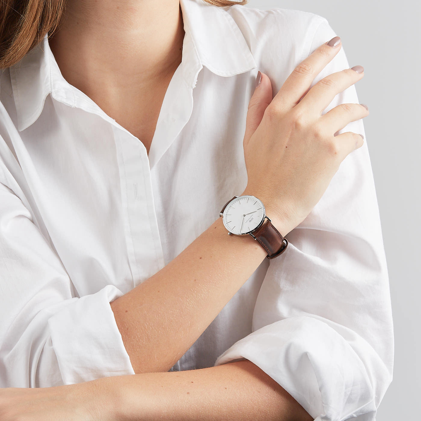 Daniel Wellington Classic Bristol 36mm White Dial Dark Brown Genuine Leather Women's Silver Watch - DW00100056