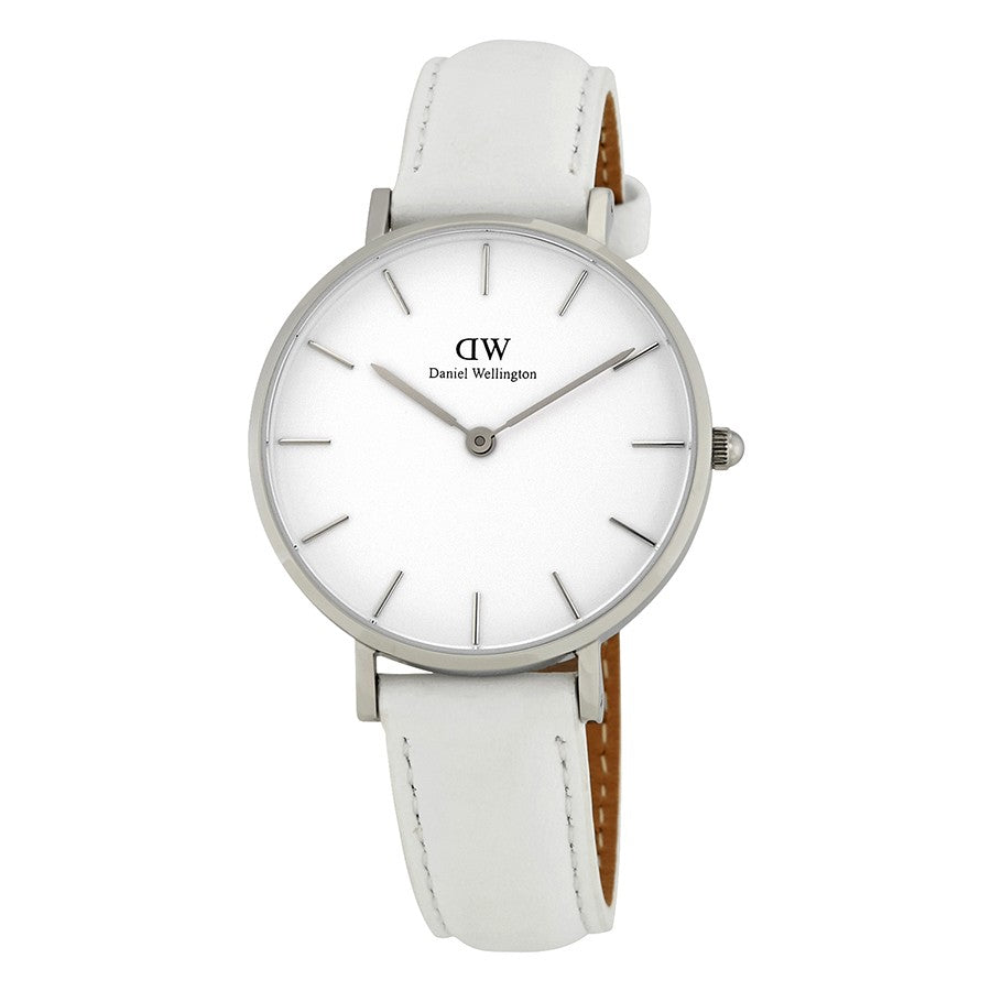 Daniel Wellington Petite Bondi 32mm women's silver watch with white dial and white leather strap