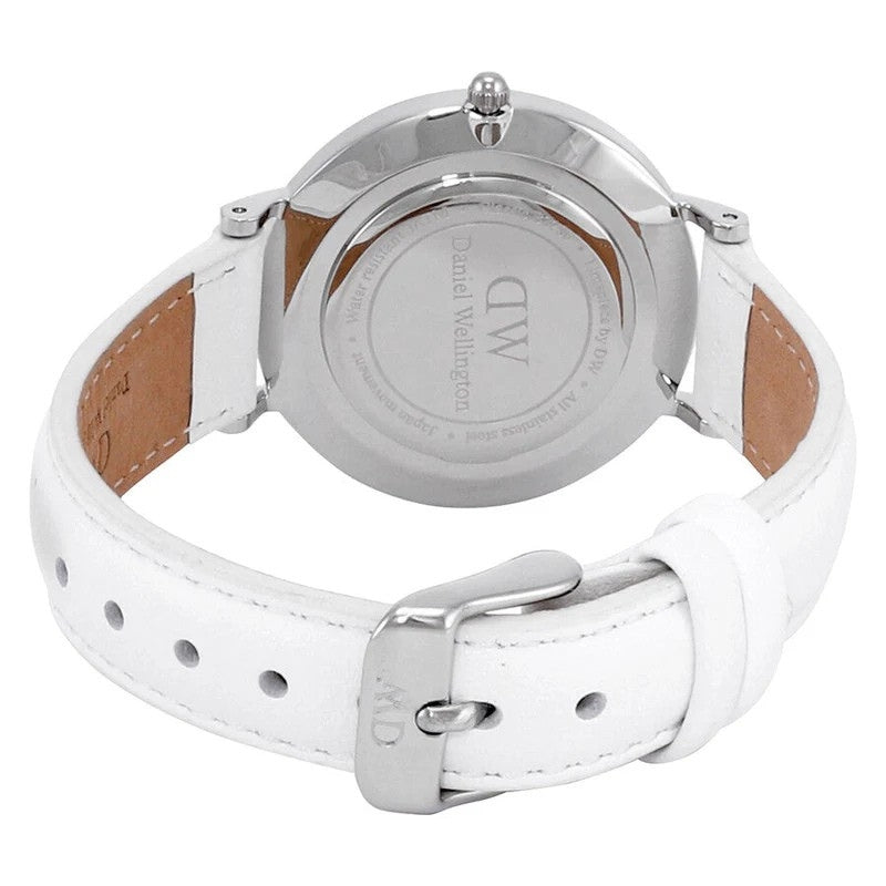 Daniel Wellington Petite Bondi Black Dial 32mm Silver Case White Leather Ladies Watch DW00100284