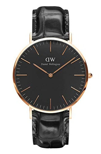 Daniel Wellington Reading 40mm Rose Gold Bezel Black Genuine Leather Men's Watch - DW00100129