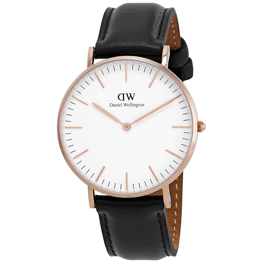 Daniel Wellington Sheffield 36mm white dial watch with rose gold case and black leather strap
