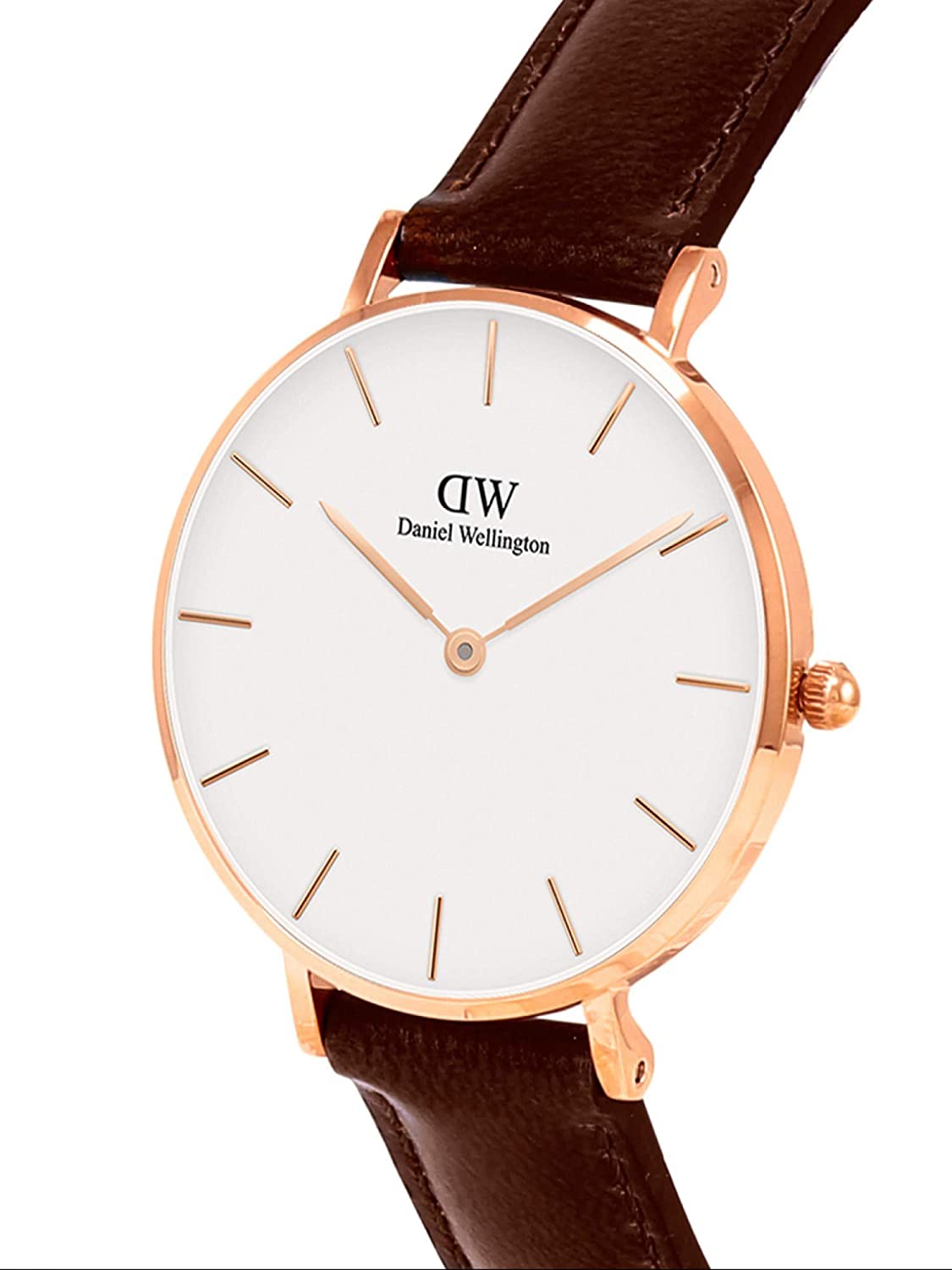Side angle view of St Mawes 36mm watch showing gold case and brown leather band