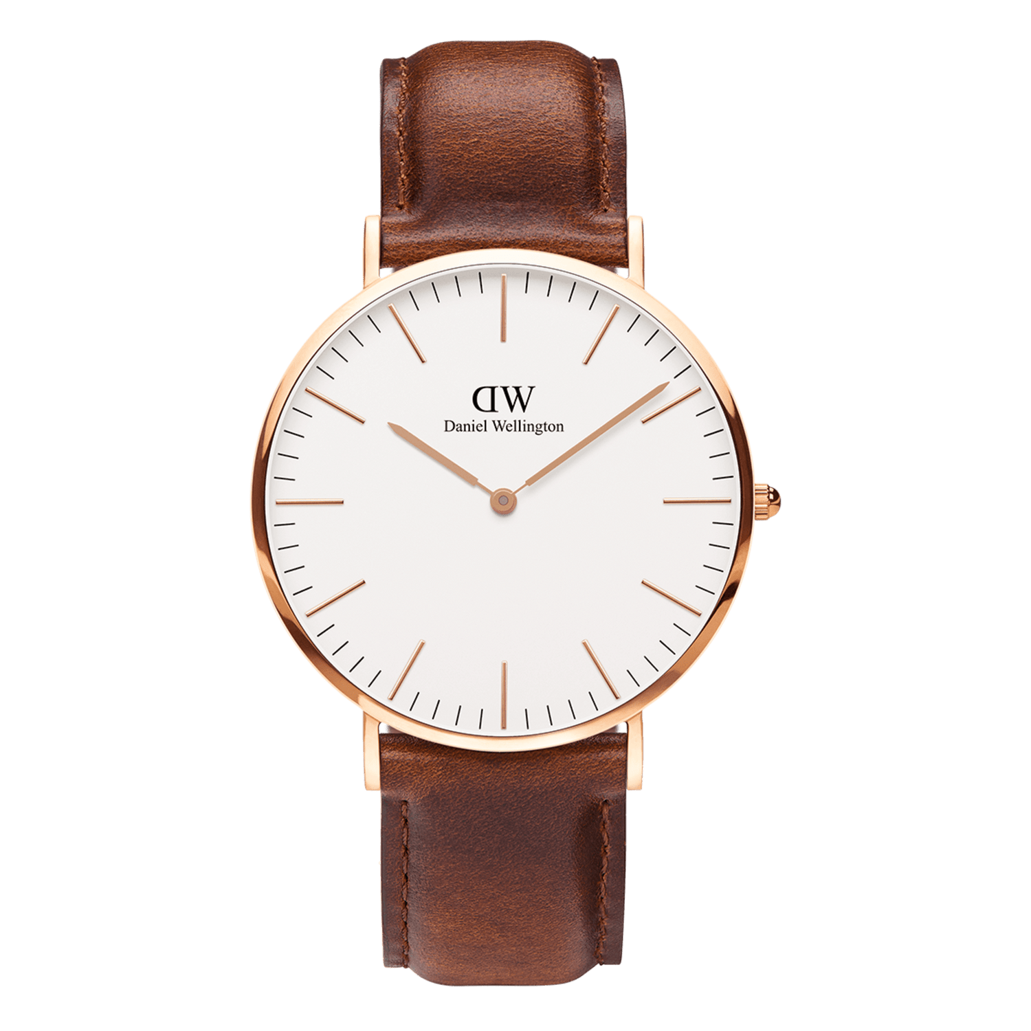Daniel Wellington St Mawes 36mm watch with white dial, brown leather strap, and rose gold case
