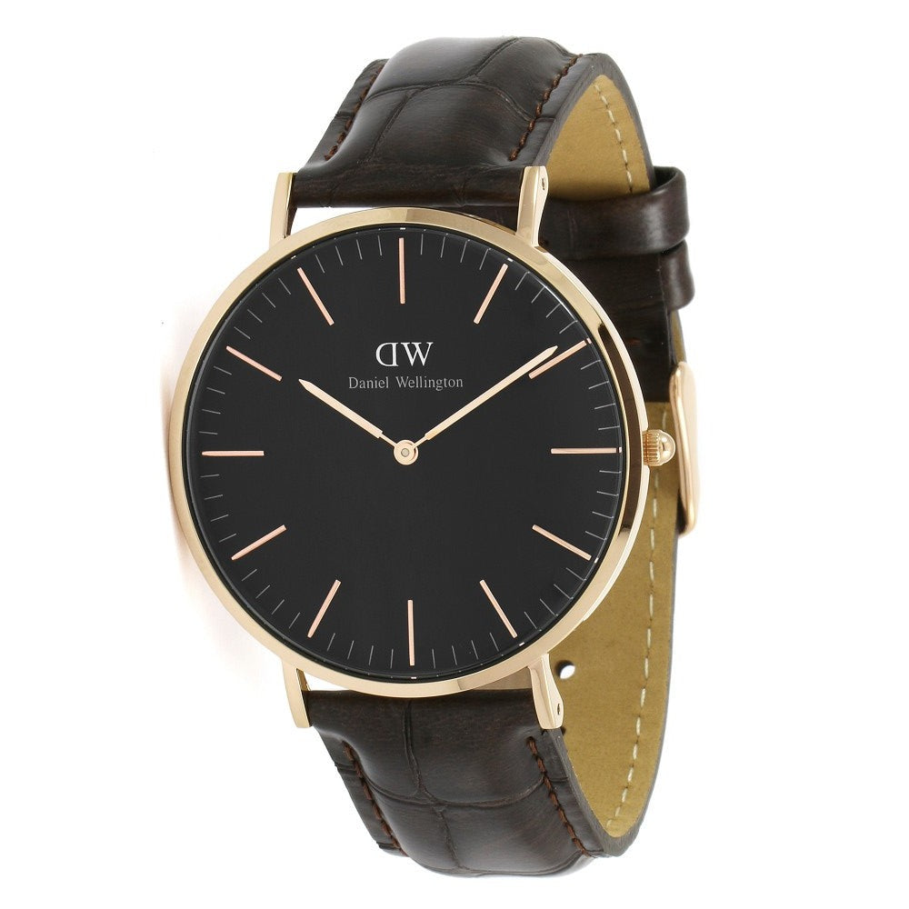 Daniel Wellington York 40mm Rose Gold Bezel Black Genuine Leather Men's Watch - DW00100128