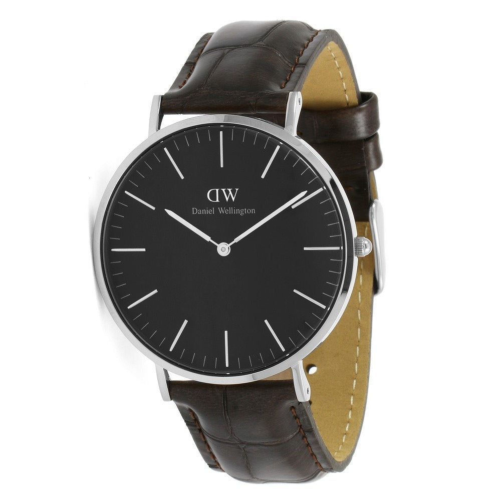 Daniel Wellington York 40mm Silver Bezel Black Genuine Leather Men's Watch - DW00100134