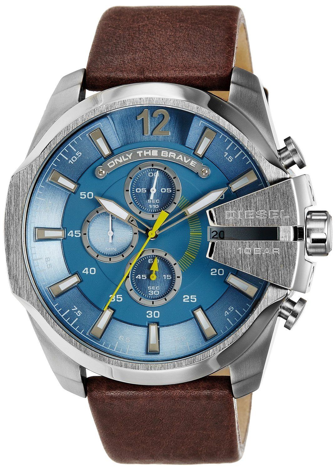 Diesel Mega Chief men's watch with light blue dial and brown leather strap