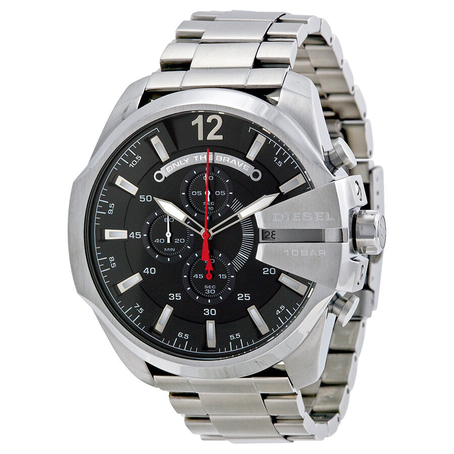 Diesel Mega Chief chronograph men's watch with black dial and silver stainless steel case