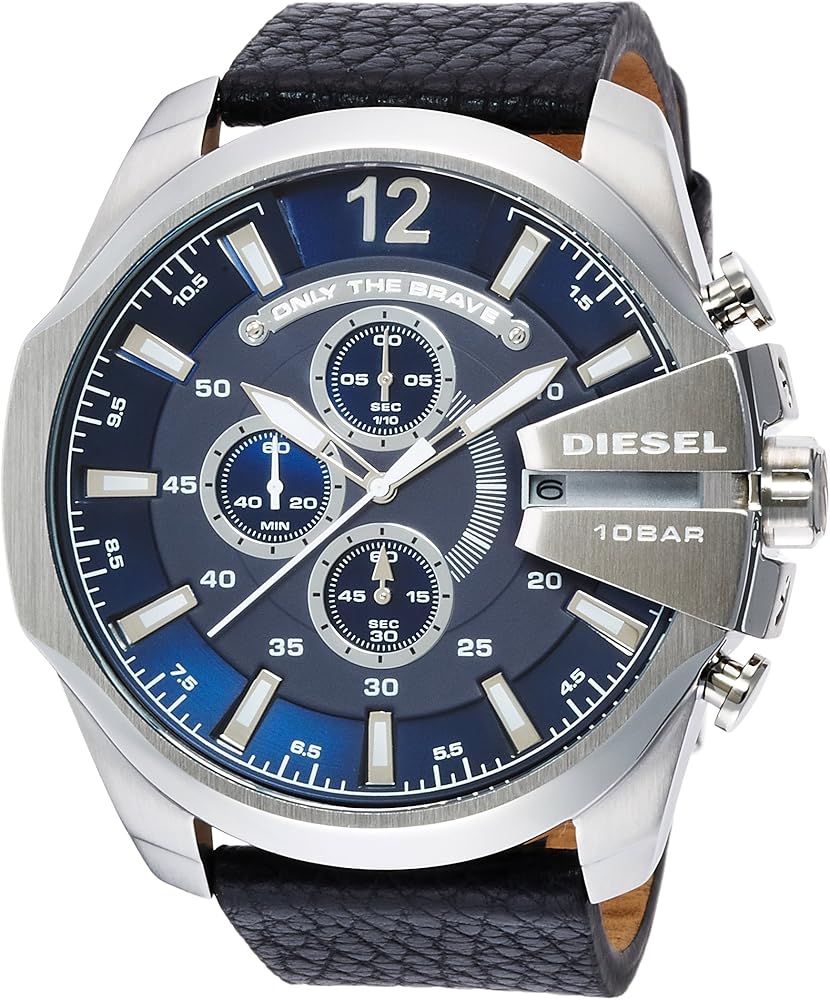 Diesel Mega Chief DZ4423 watch with blue dial, three chronograph subdials, silver case, and black leather strap