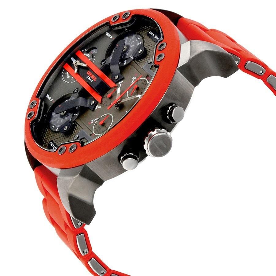 Diesel Kiwi Watches DZ7370 316L gunmetal stainless steel with red silicone link cover strap 4 Time zones 30m water resistant