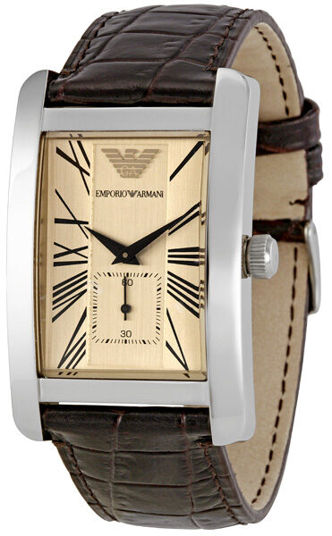 Emporio Armani AR0154 watch with cream dial, Roman numerals, stainless steel case, and brown leather strap
