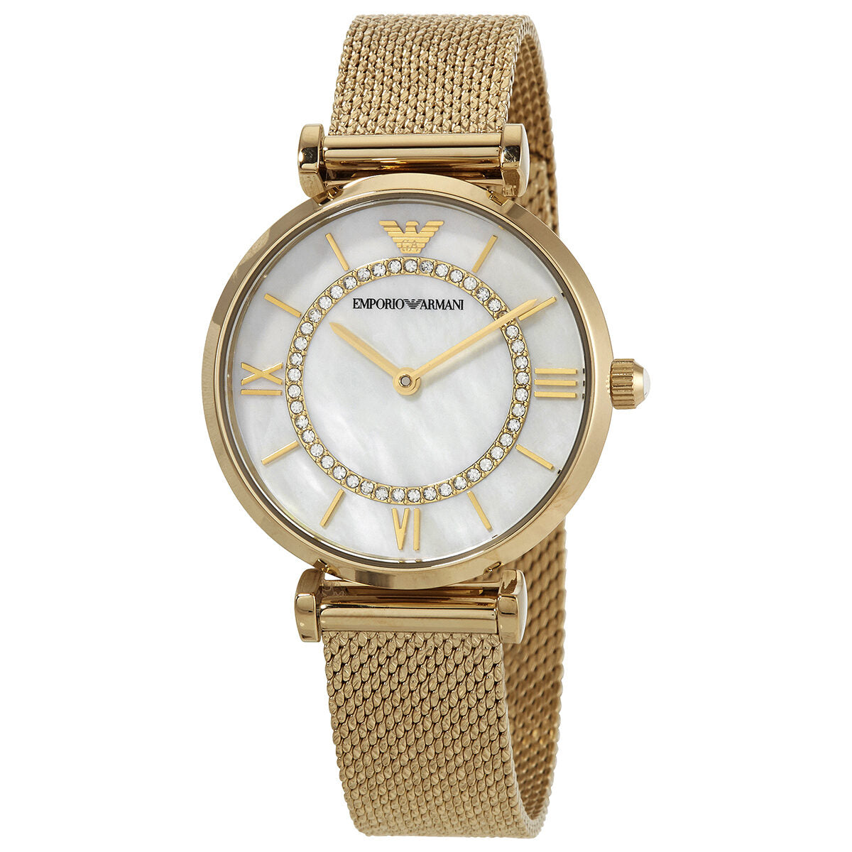 Emporio Armani AR11321 ladies watch with mother of pearl dial, gold-tone case and mesh strap