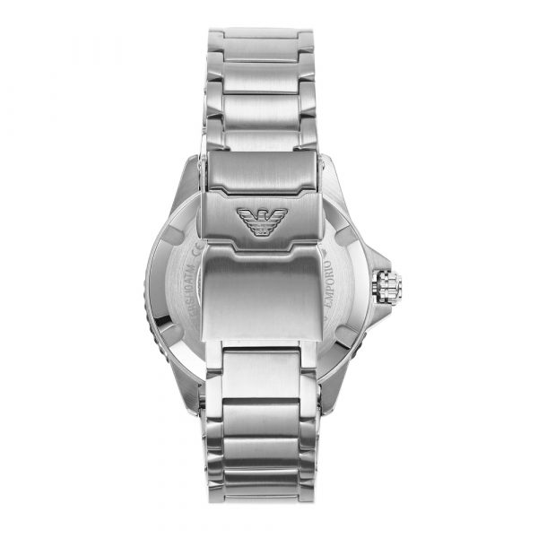 Caseback of Emporio Armani AR11338 with Emporio Armani eagle logo and stainless steel bracelet