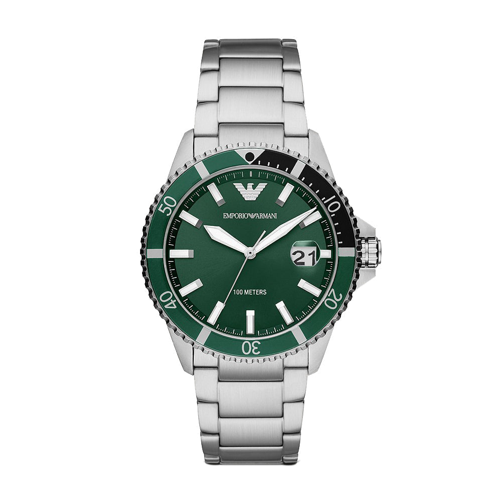 Emporio Armani AR11338 diver watch with green dial, silver bracelet, and black rotating bezel