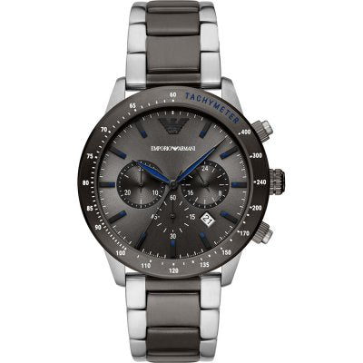 Emporio Armani AR11391 chronograph watch with gray dial, blue accents, and two-tone steel bracelet