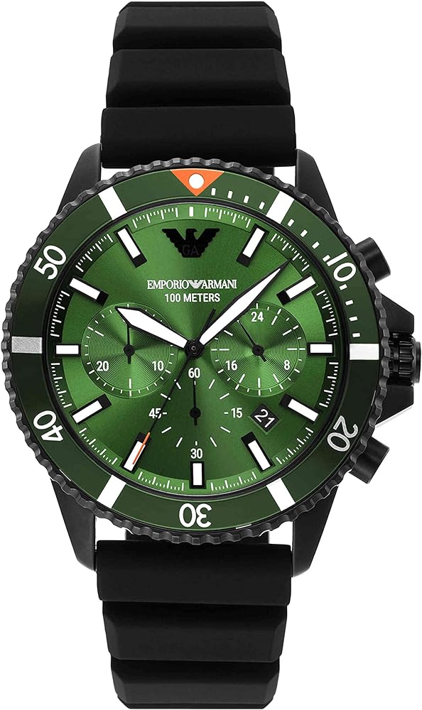 Emporio Armani diver chronograph watch with green dial, black bezel, and black silicone strap