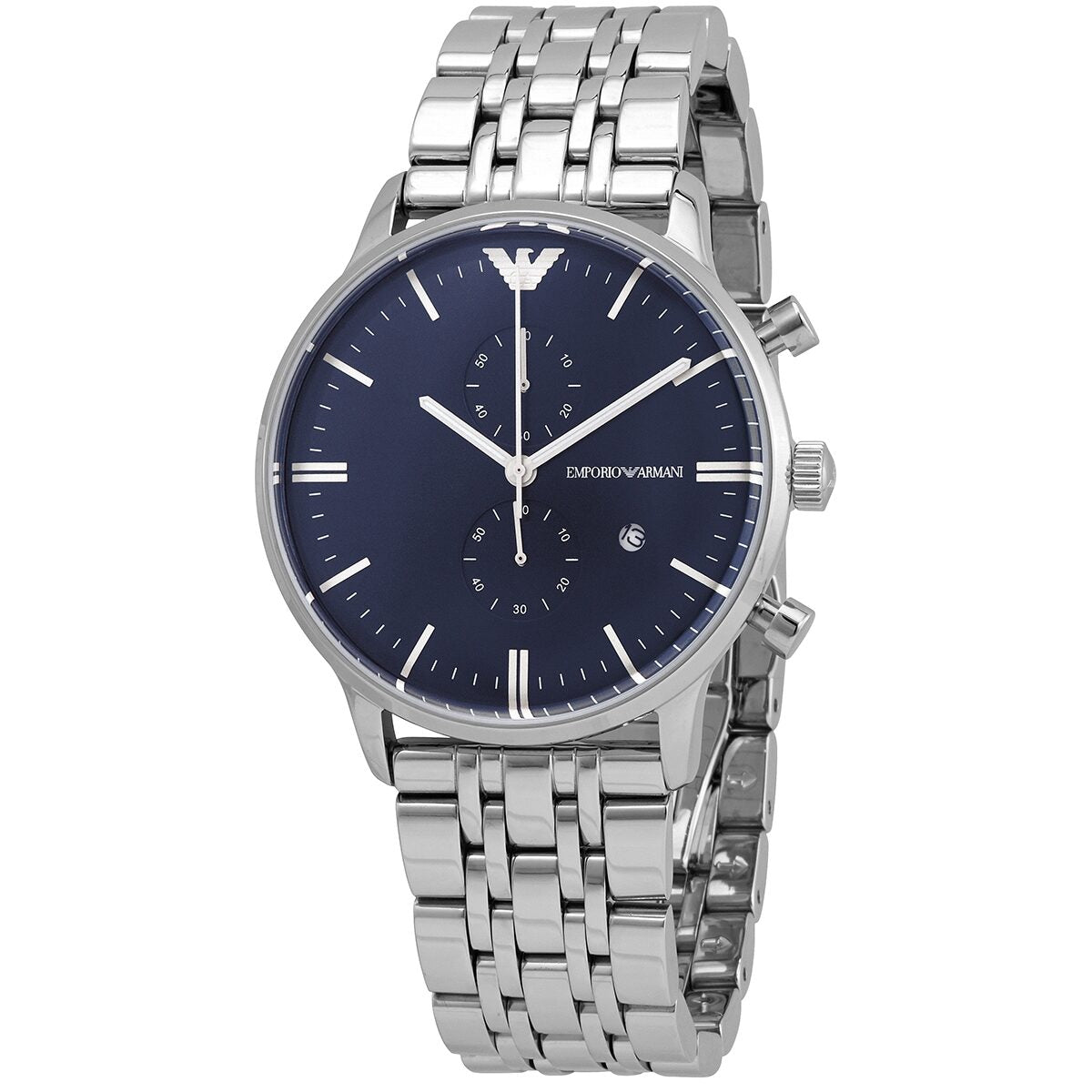 Emporio Armani AR1648 chronograph watch with dark blue dial and stainless steel bracelet
