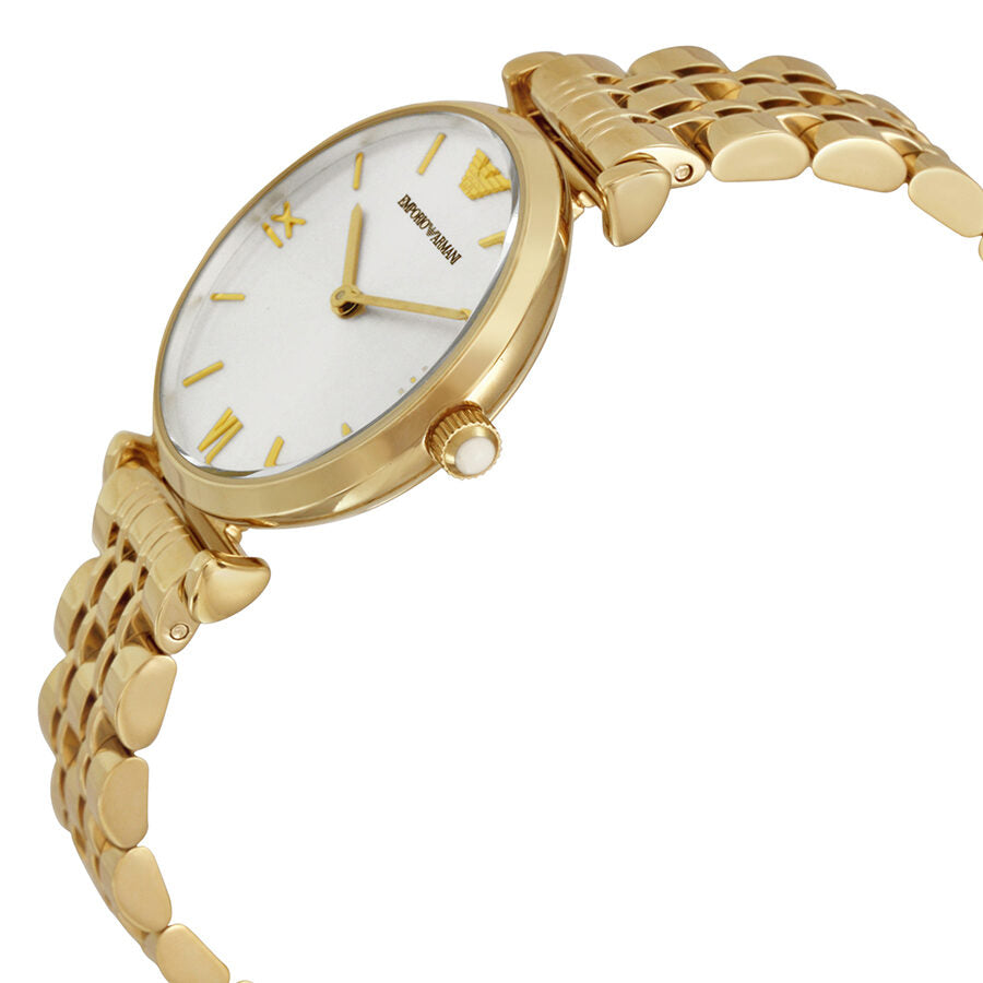 Emporio Armani AR1877 watch angled view showing gold-tone case and bracelet