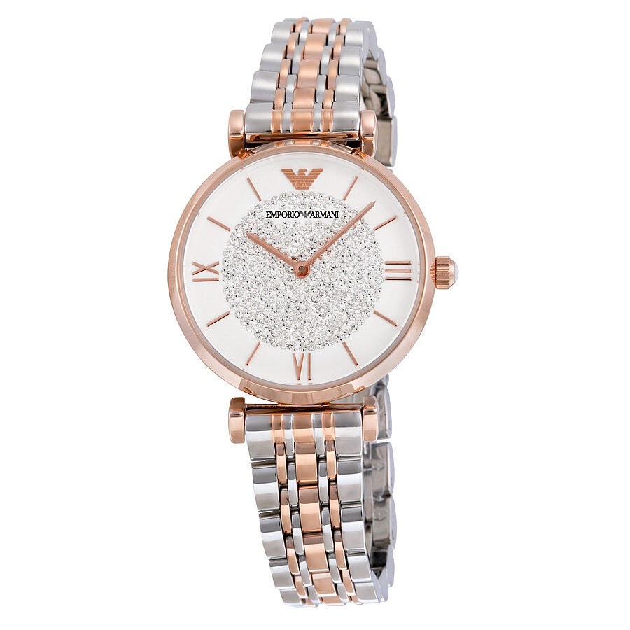 Emporio Armani AR1926 women's watch with white crystal pave dial, two-tone bracelet, and rose gold accents