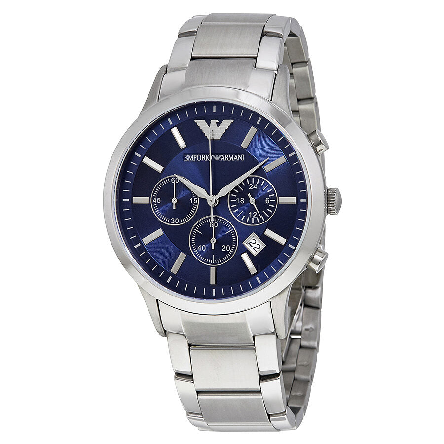 Emporio Armani AR2448 chronograph watch with navy blue dial and stainless steel bracelet