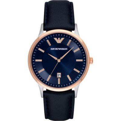 Emporio Armani AR2506 watch with navy dial, rose gold bezel, silver case, and black leather strap