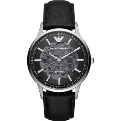 Emporio Armani AR60038 skeleton watch with black dial and leather strap