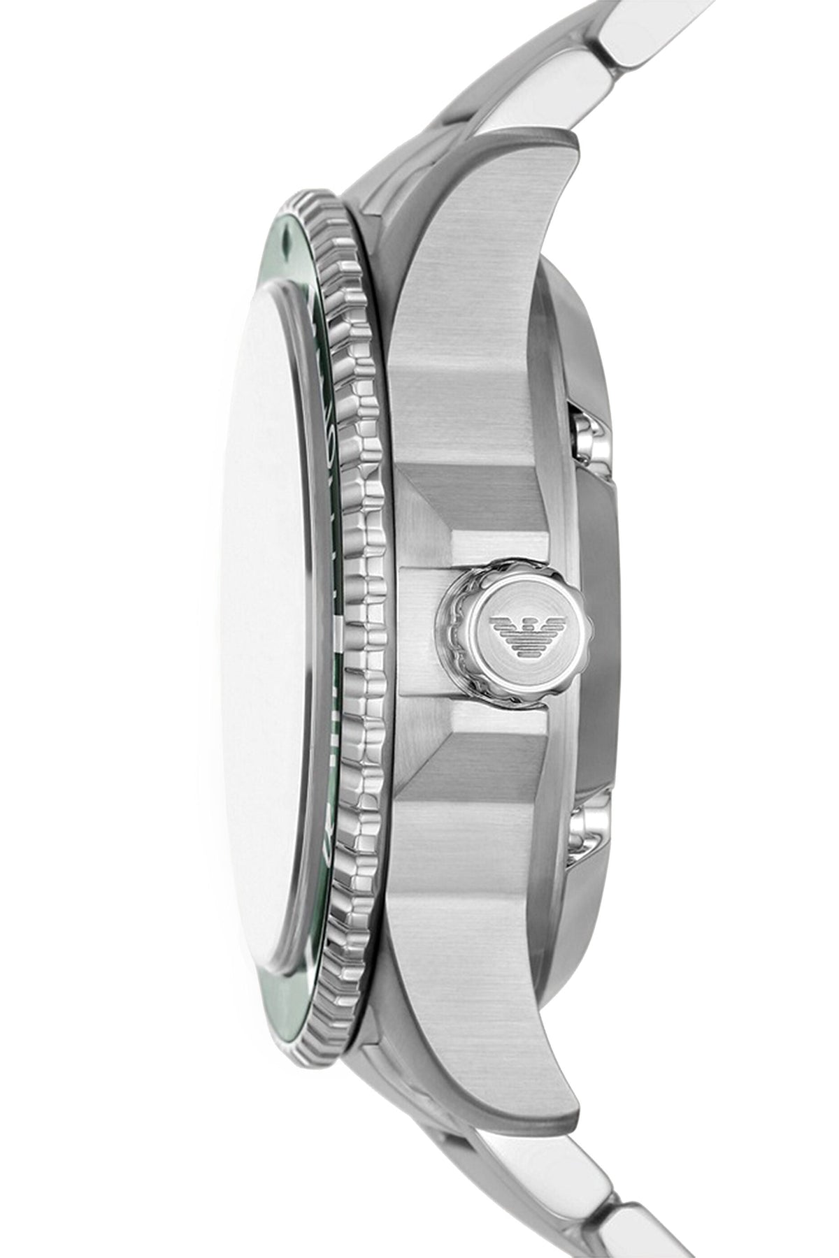 Side profile of Emporio Armani AR60061 showing case thickness, crown, and silver bracelet