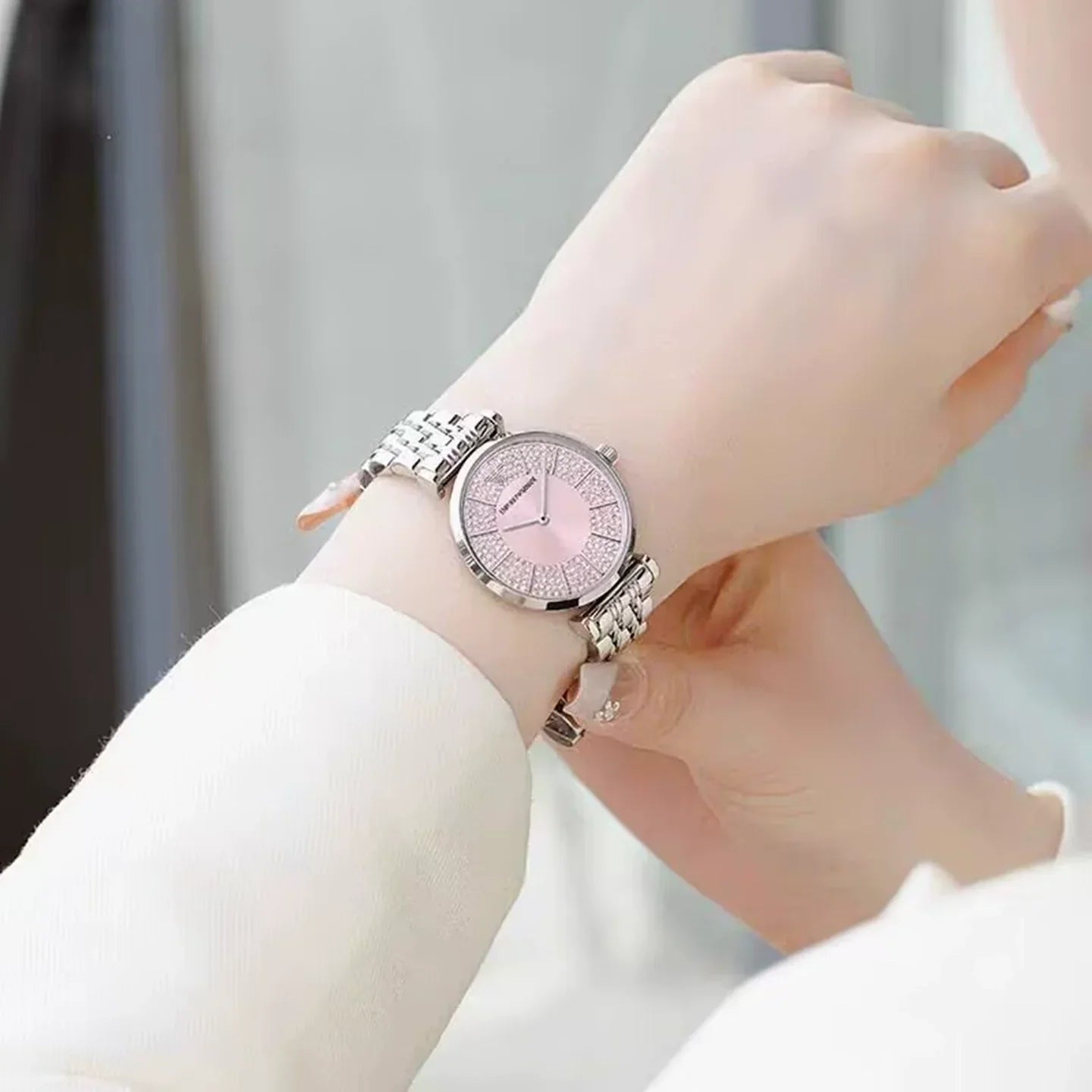 Emporio Armani Gianni T-Bar 32mm pink watch worn on wrist