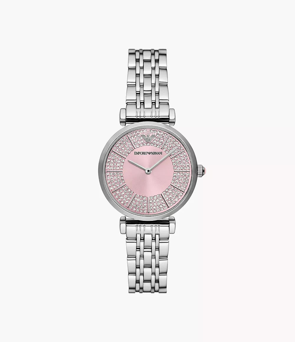 Emporio Armani Gianni T-Bar 32mm ladies watch with pink glitter dial and stainless steel bracelet