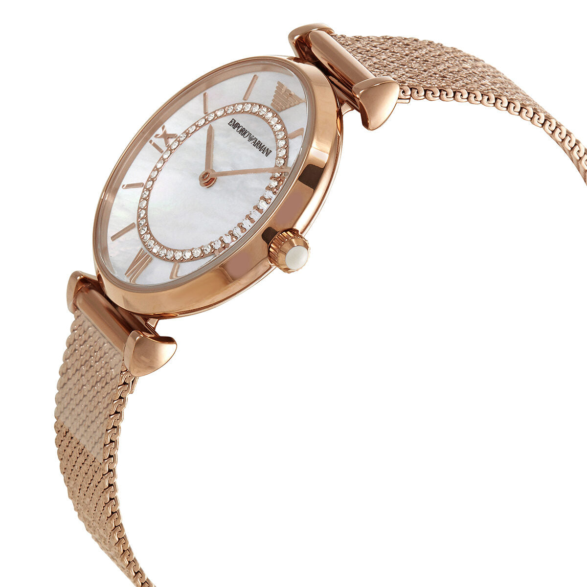 Emporio Armani Gianni T-Bar ladies watch shown at angle with rose gold T-bar lugs and mesh bracelet