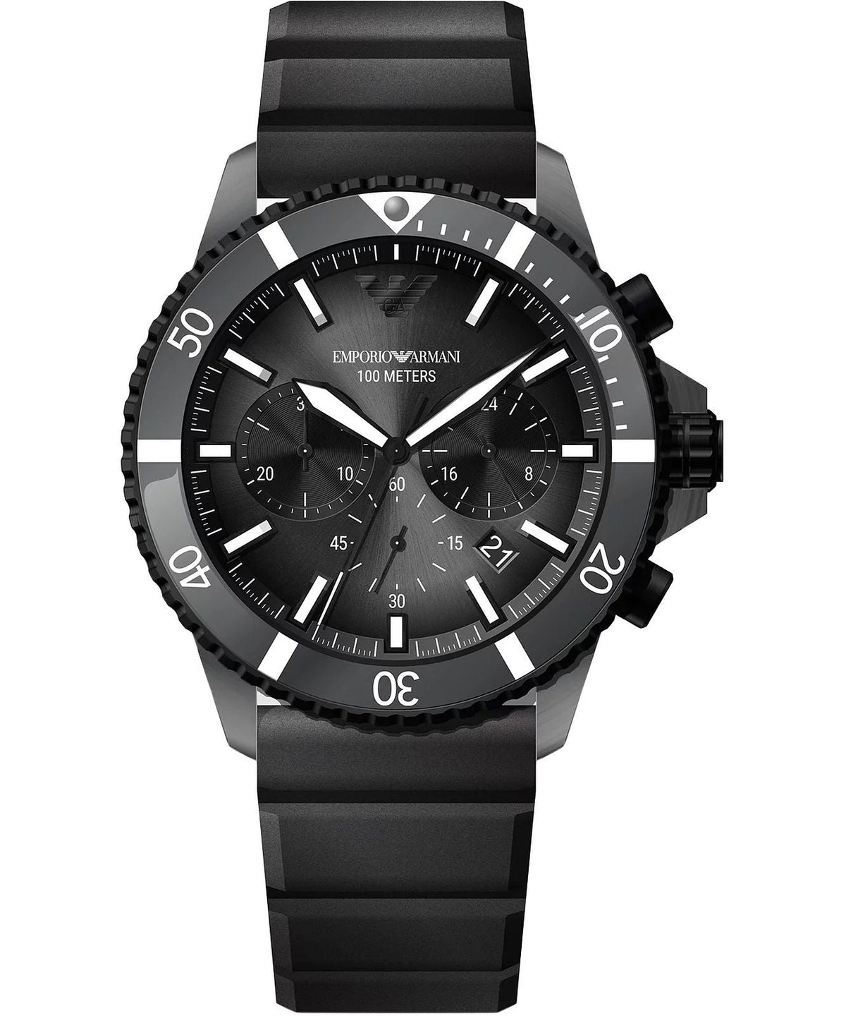 Emporio Armani Mario black chronograph watch with black silicone strap and white dial markers