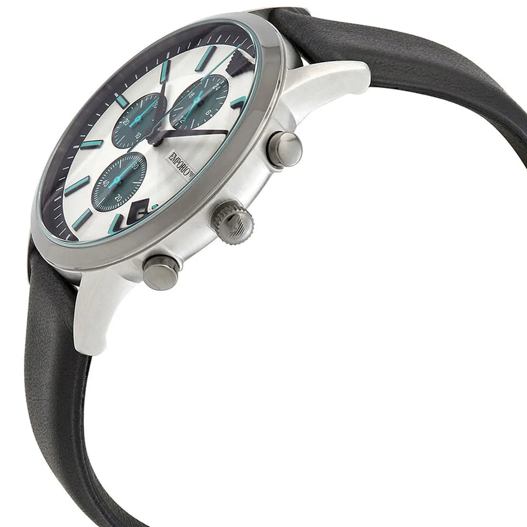 Emporio Armani Renato Chronograph at angle showing silver case, white dial, and black leather strap