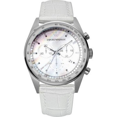 Emporio Armani Chrono New Tazio Medium AR6011 chronograph watch with silver dial and white leather strap