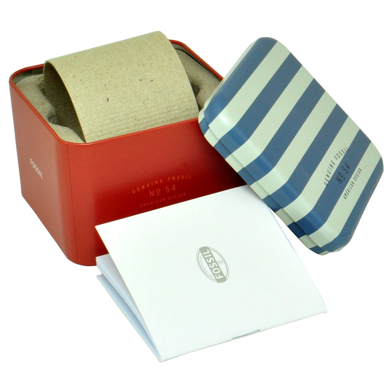 Fossil Grant watch original retail packaging with red box and striped watch pouch included