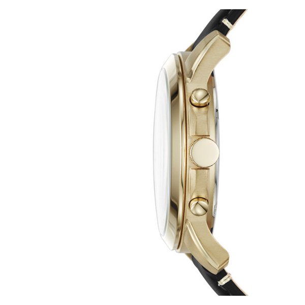 Profile view of Grant chronograph displaying case thickness, crystal, and gold chronograph pushers
