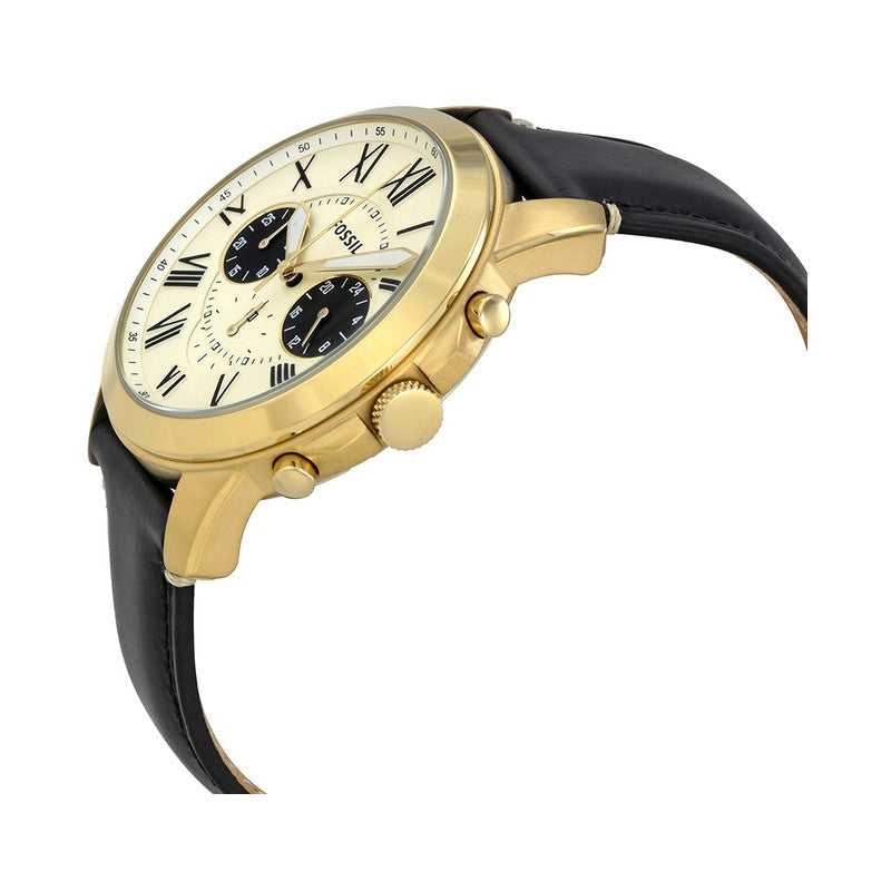 Side view of Grant chronograph showing gold case with chronograph pushers and black leather strap
