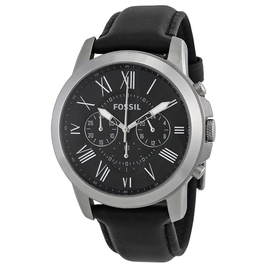 Fossil Grant black dial chronograph watch with Roman numeral markers and black leather strap