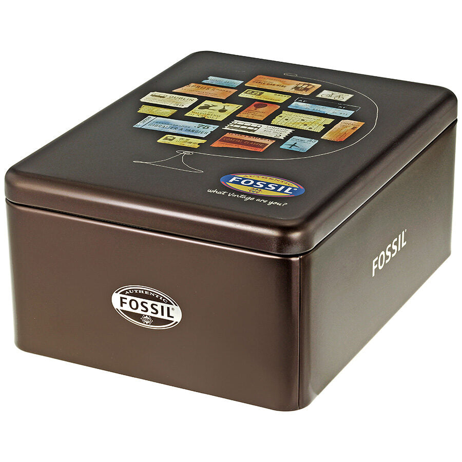 Fossil Grant watch packaging in brown presentation box