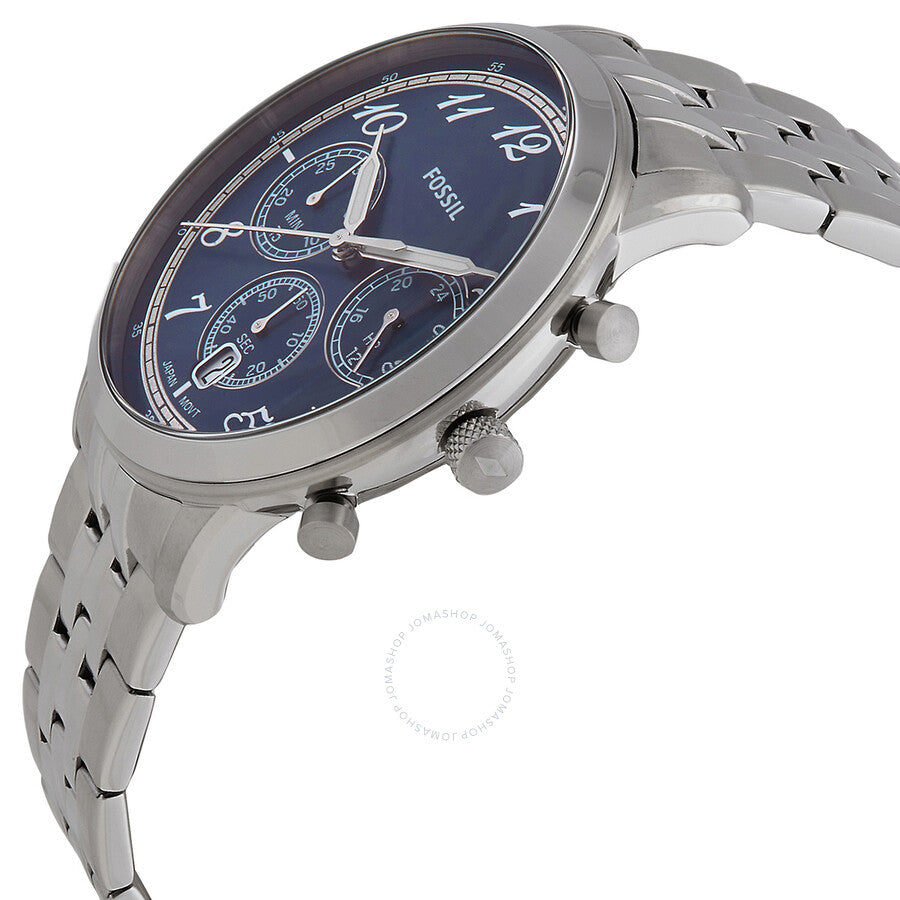 Side angle view of Fossil Neutra chronograph showing blue dial, three subdials, and stainless steel strap