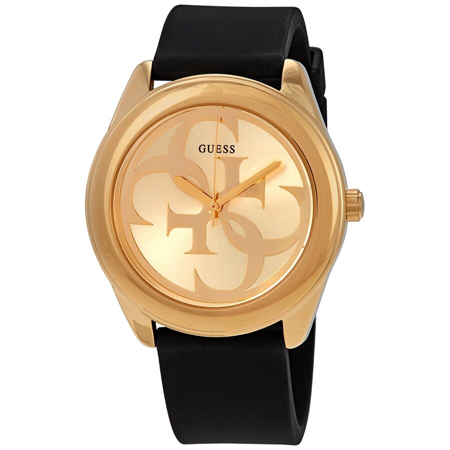 Guess G-Twist Gold Dial Black Leather Ladies Watch W0911L3 - BigDaddy Watches