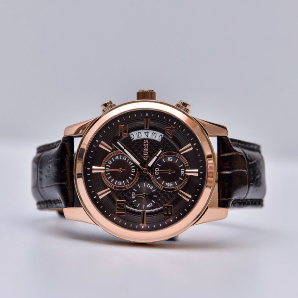 Guess Exec Brown Dial Leather Strap Men's Watch W0076G4