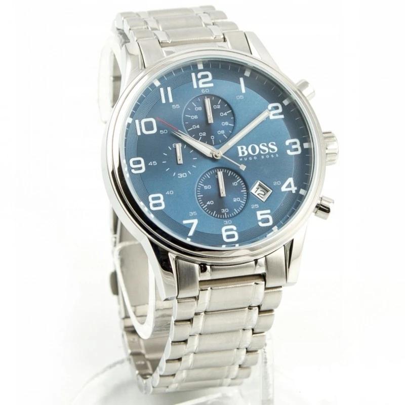 Hugo Boss Aeroliner chronograph blue dial watch angled view showing stainless steel bracelet