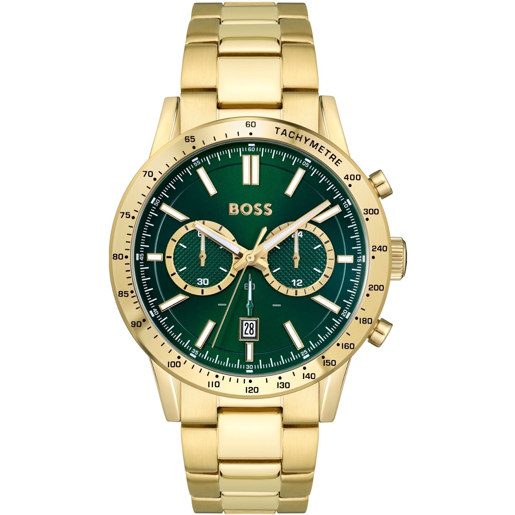 Hugo Boss Allure green dial gold chronograph watch with tachymetre bezel