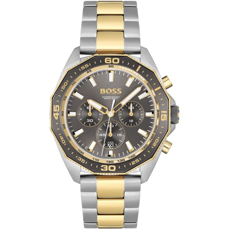 Hugo Boss Chronograph Energy two-tone men's watch with black dial and gold/silver bracelet