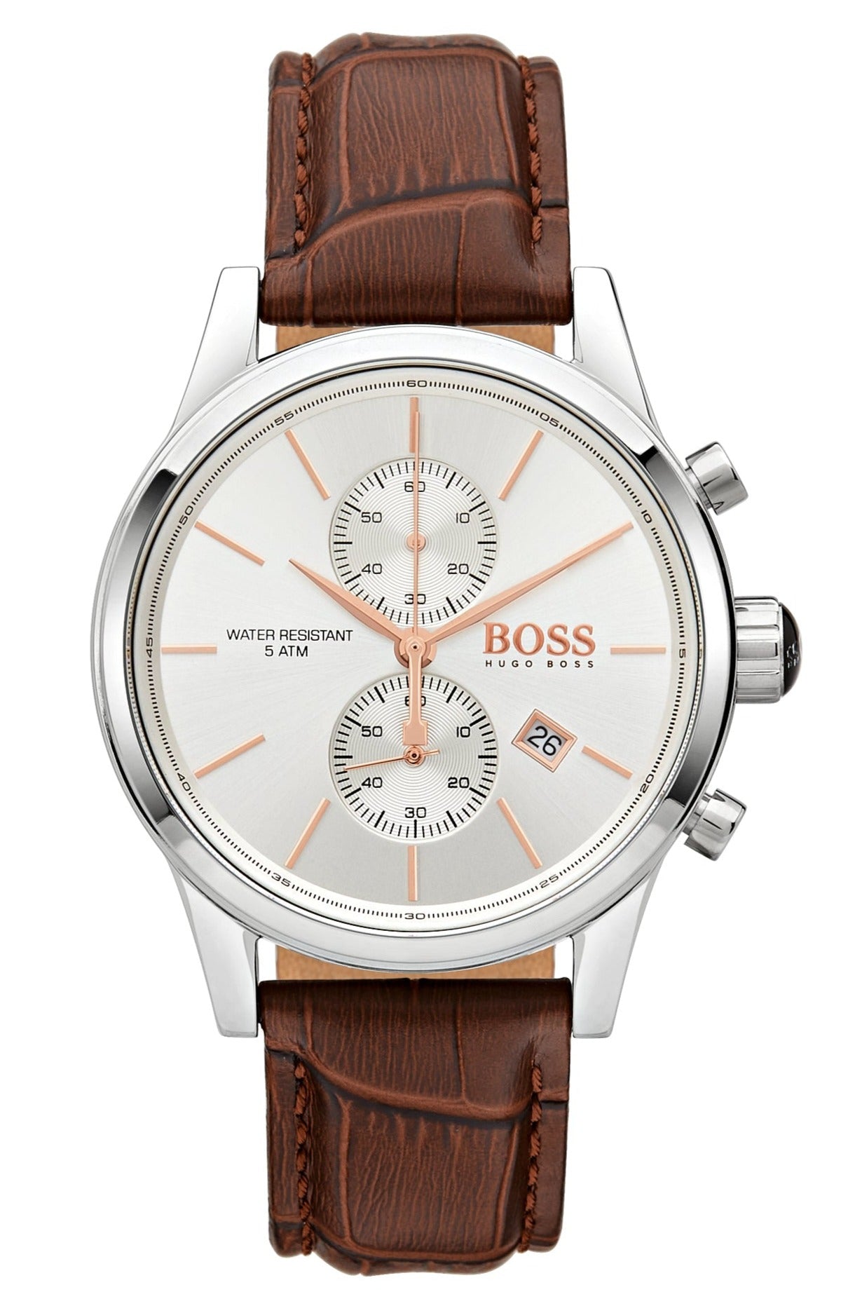Hugo Boss Grand Prix chronograph watch with silver dial and brown leather strap