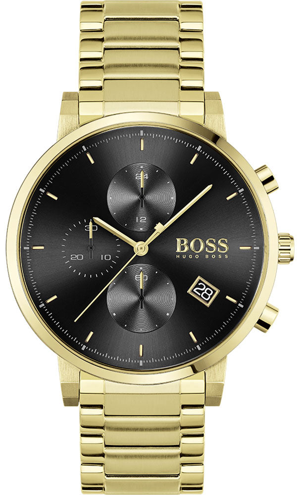 Hugo Boss Integrity gold chronograph watch with black dial and three subdials