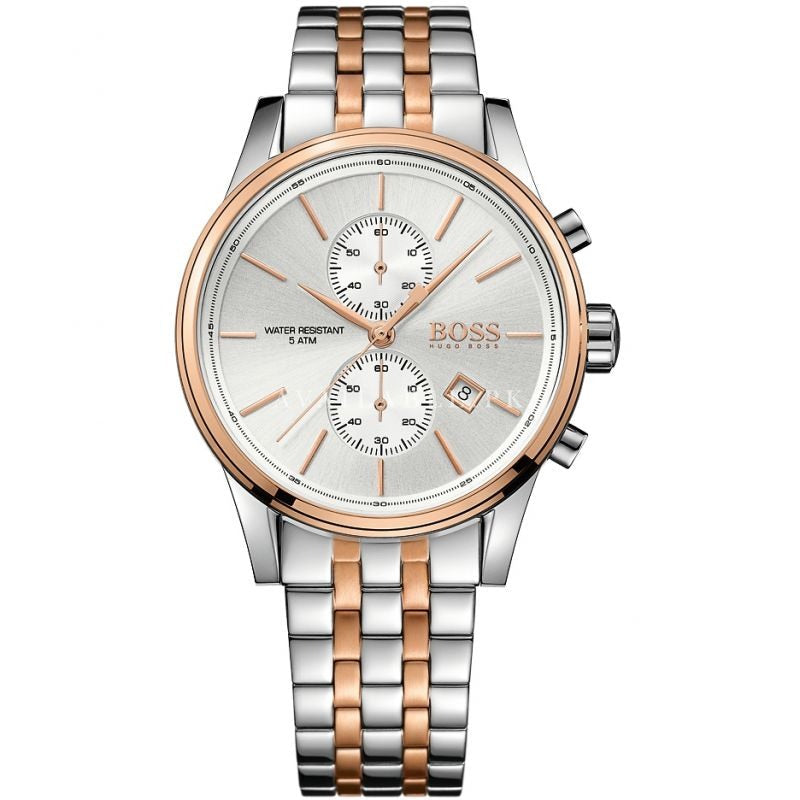 Hugo Boss Jet two-tone chronograph men's watch with silver and rose gold bracelet, white dial, and subdials