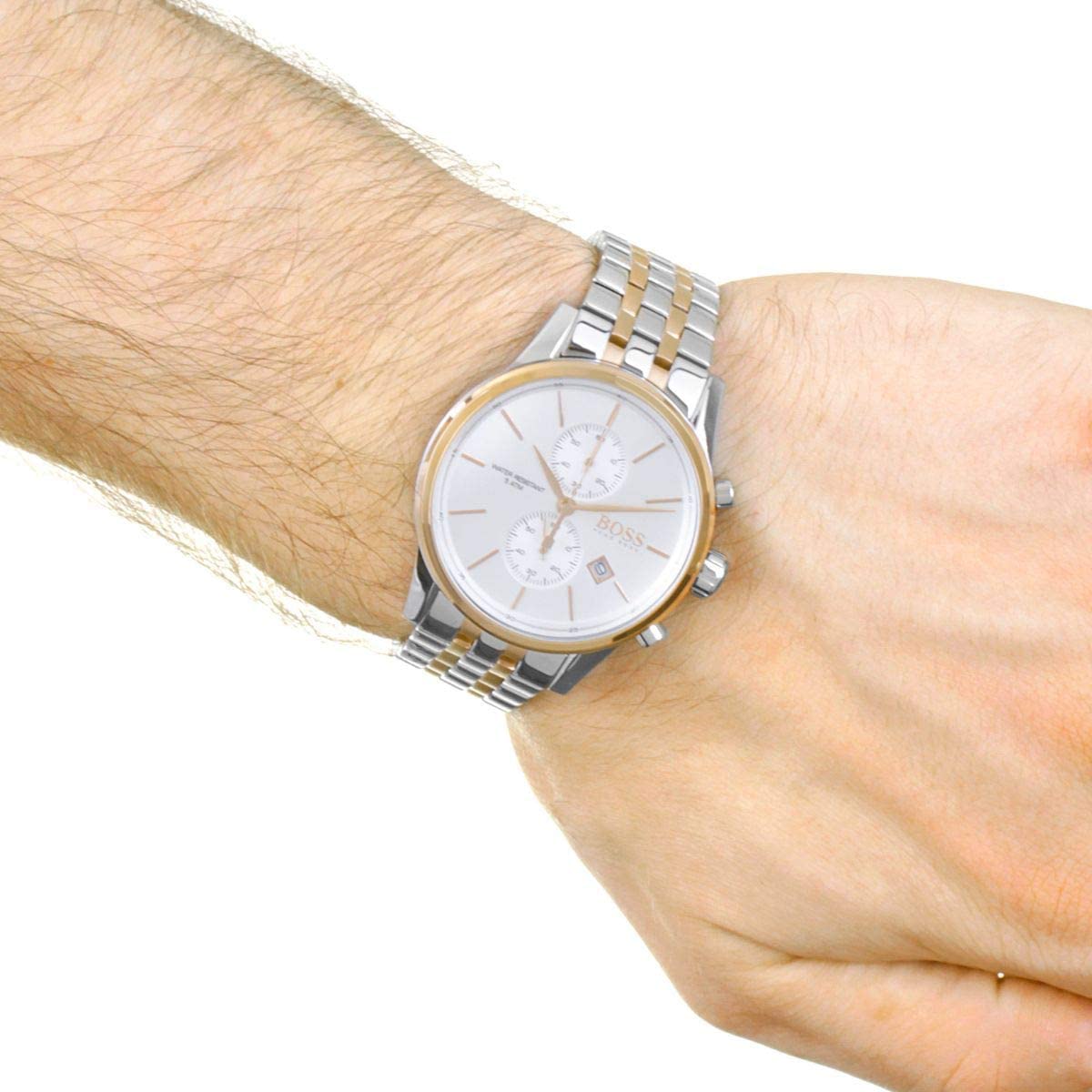 Hugo Boss Jet chronograph worn on wrist showing two-tone bracelet and white dial