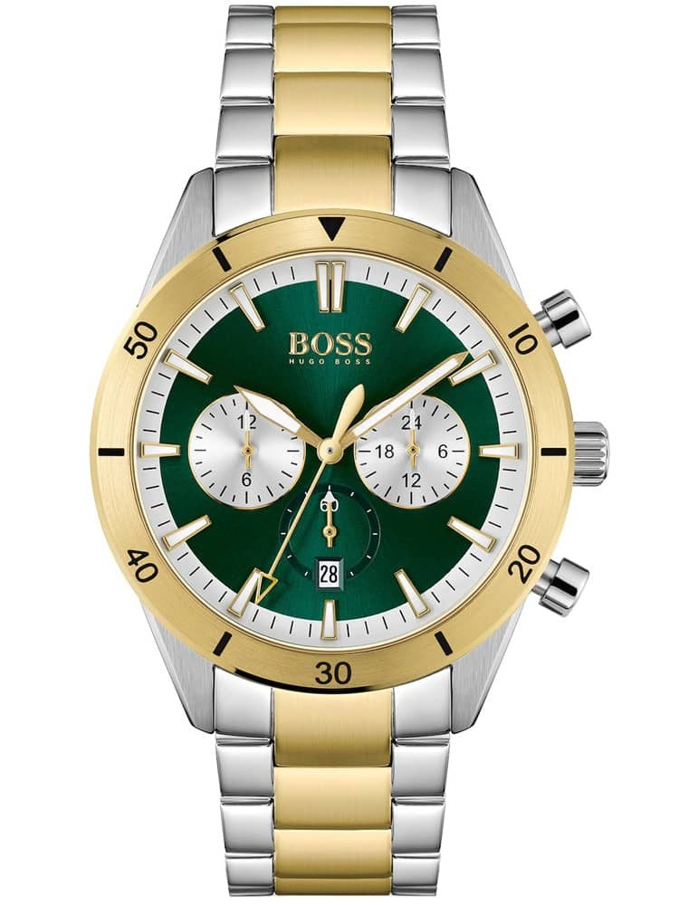Hugo Boss Santiago two-tone chronograph watch with green dial and silver subdials
